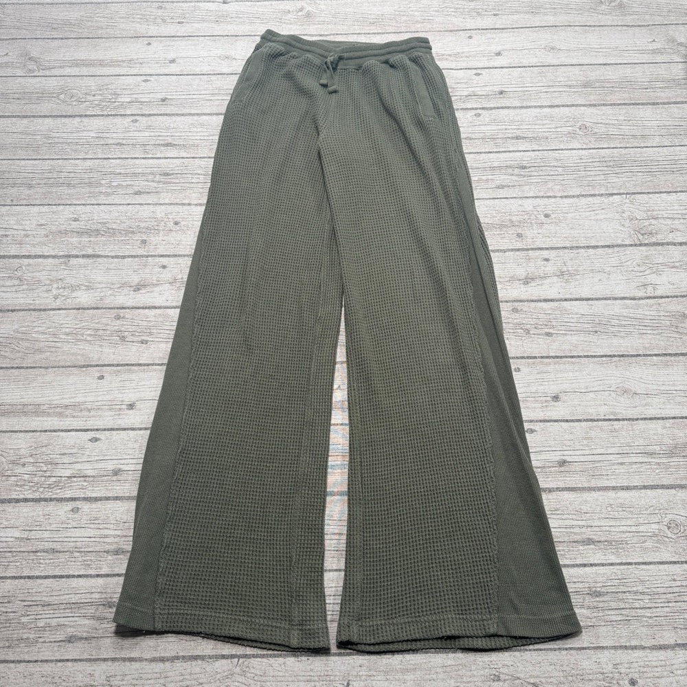 Aerie Pants Women's XS Olive Green Waffle Knit Wide Leg Baggy Fit Thermal Lounge